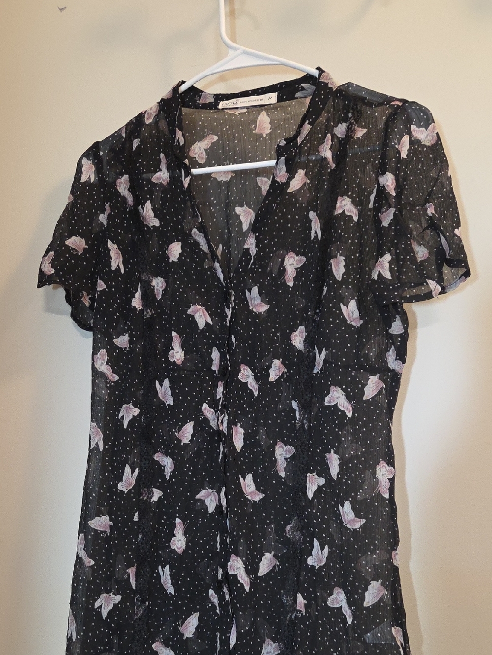 Kirra Black Sheer Butterfly Print Blouse with Light Pink Motif (Yy15)
